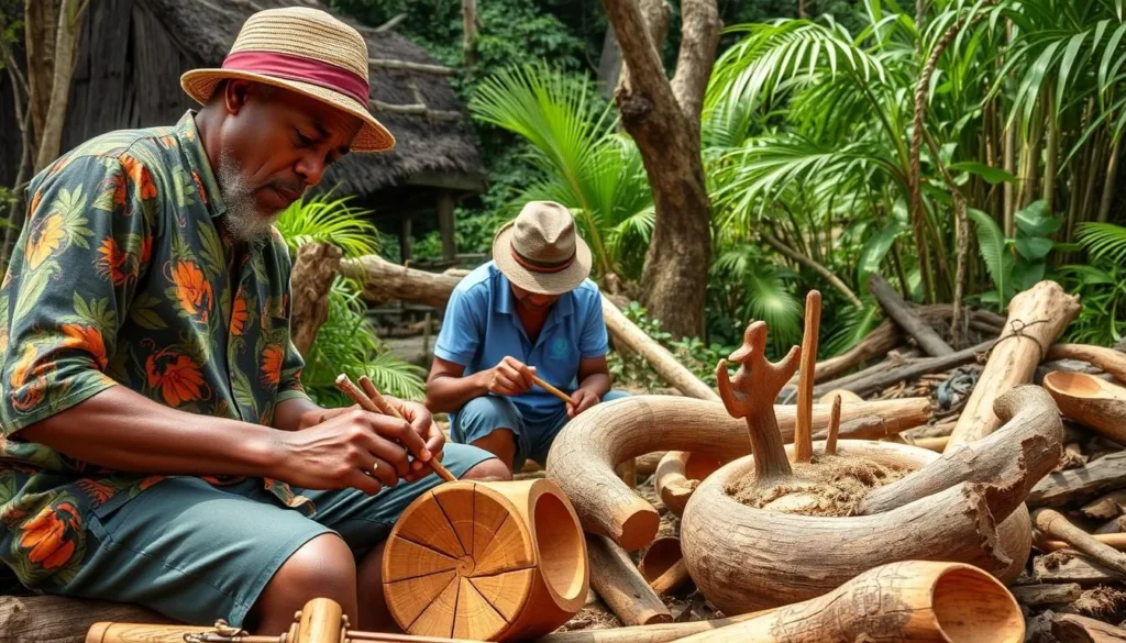 Image of Pitcairn Island artisans creating traditional wood carvings