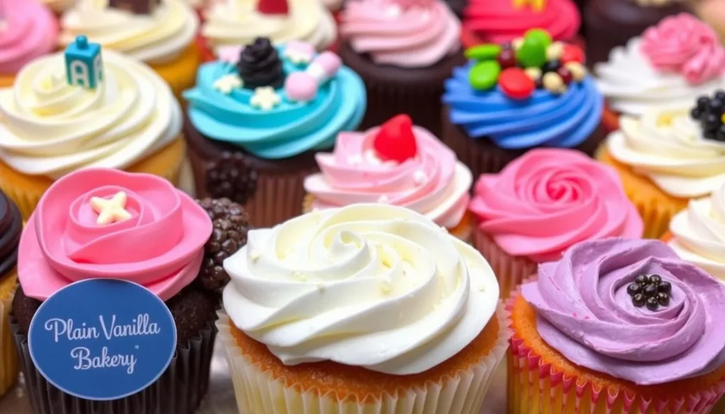 Image of Plain Vanilla Bakery's cupcakes with a variety of toppings