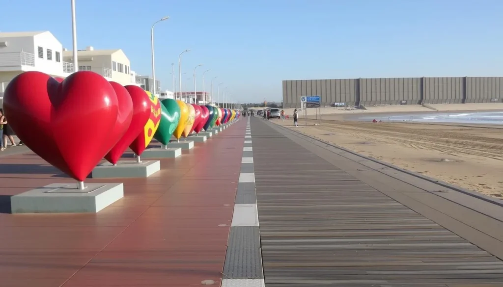 Image of Playas de Tijuana boardwalk with vibrant heart-shaped sculptures and the US-Mexico border wall in the background.