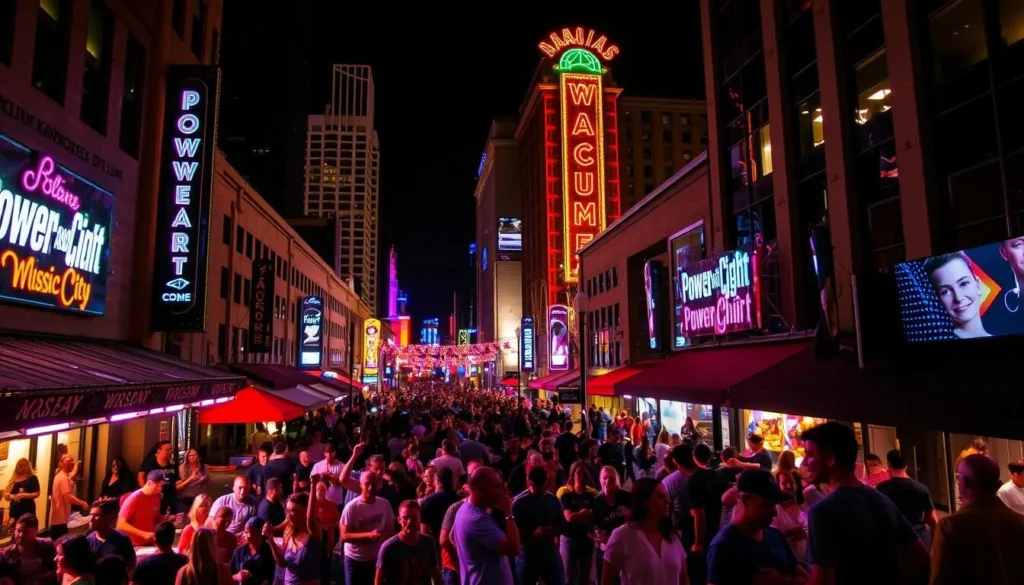 Image of Power and Light District Kansas City at night with live music and people