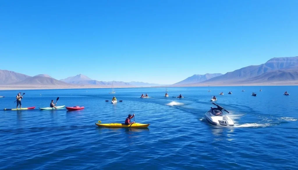 Image of Pyramid Lake with various water sports activities