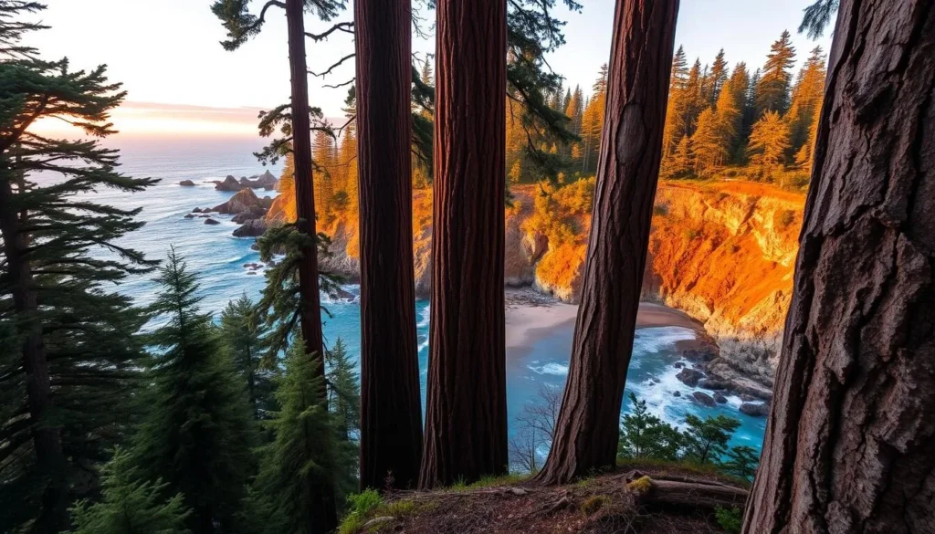 Image of Redwood National Park's iconic trees and coastline