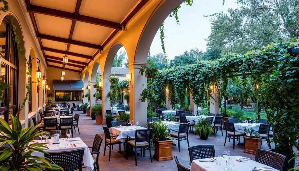 Image of Ristorante Trattoria Galleria's outdoor seating area with a covered gallery