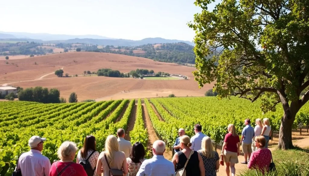 Image of Robert Mondavi Winery's estate vineyards with a tour group