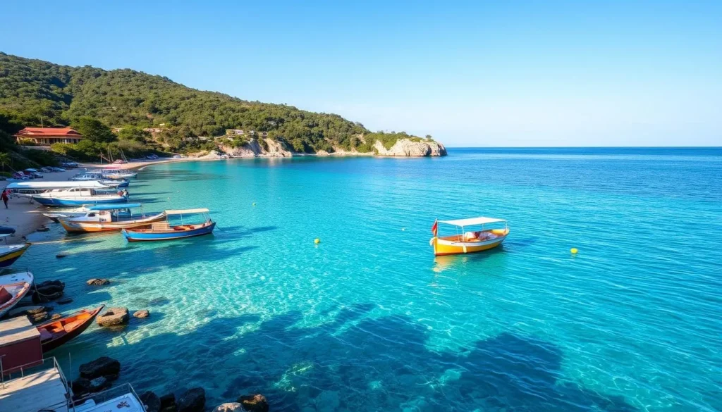 Image of San Carlos beach with clear blue waters and boats