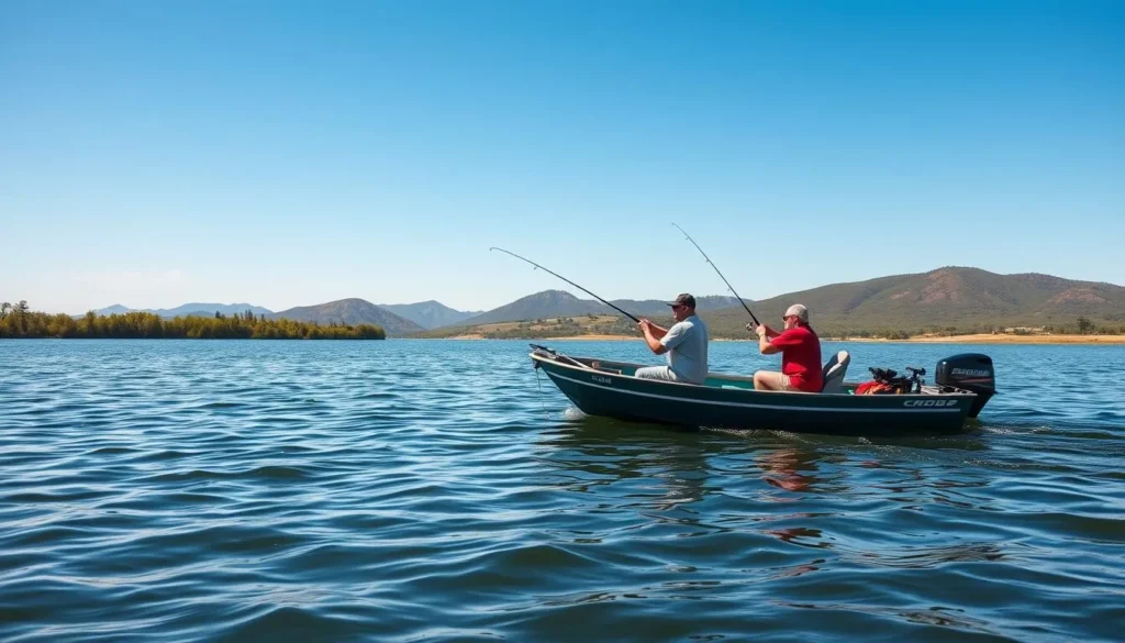 Image of San Vicente Reservoir with anglers fishing from a boat