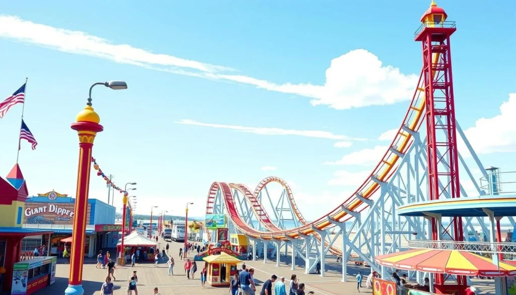 Image of Santa Cruz Beach Boardwalk with the Giant Dipper roller coaster in action