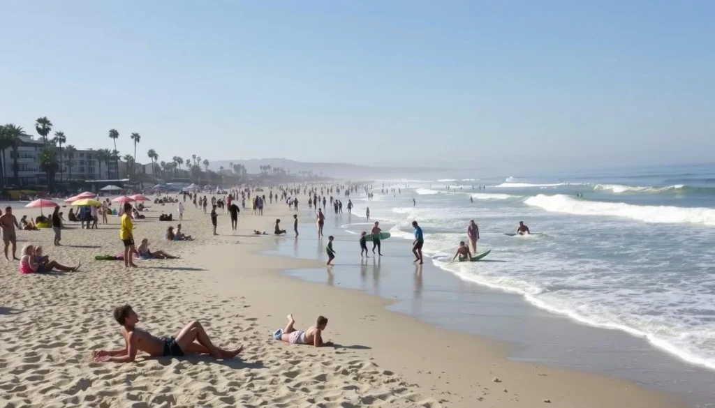 Image of Santa Monica Beach with people enjoying the sun, sand, and surf