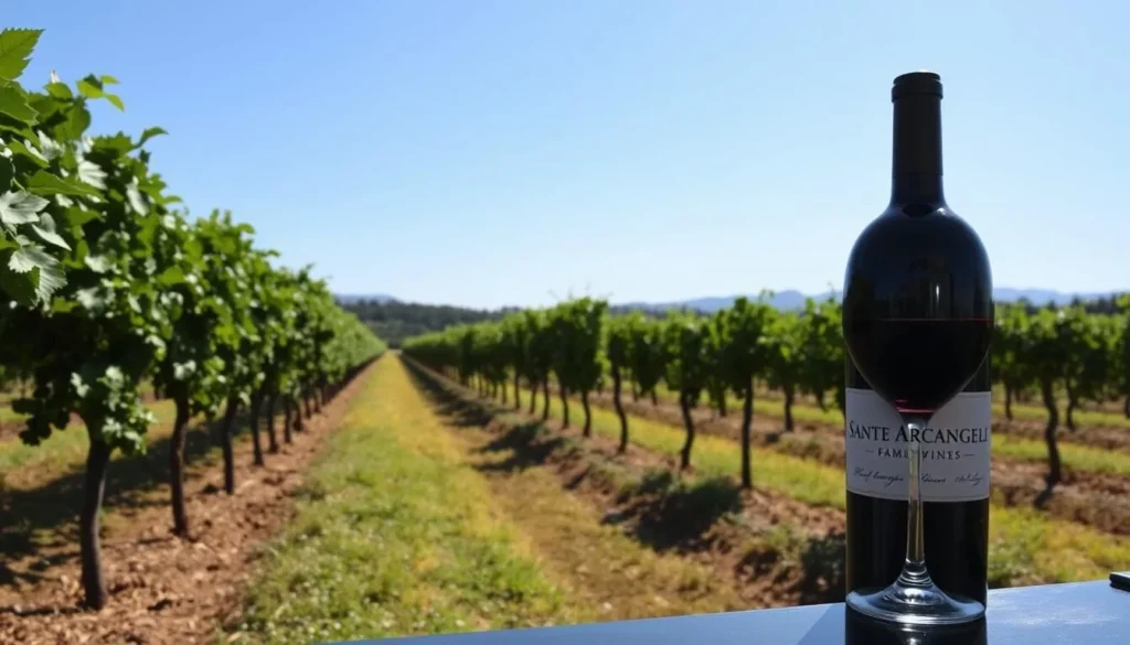 Image of Sante Arcangeli Family Wines vineyard with a glass of wine in the foreground