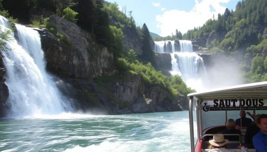 Image of Saut du Doubs waterfall with a boat tour in the foreground