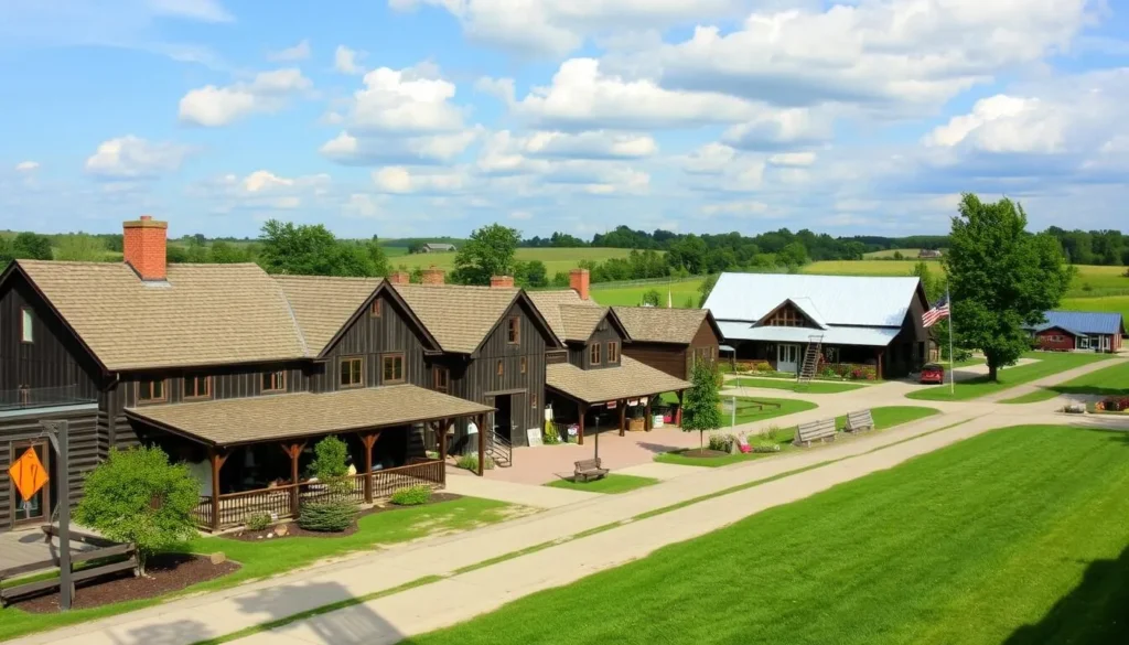Image of Schrock's Heritage Village in Berlin, Ohio, showcasing its Amish architecture and surroundings.