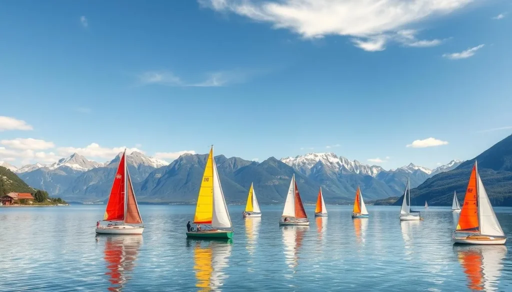 Image of Serre-Ponçon Lake with sailboats and Alpine backdrop
