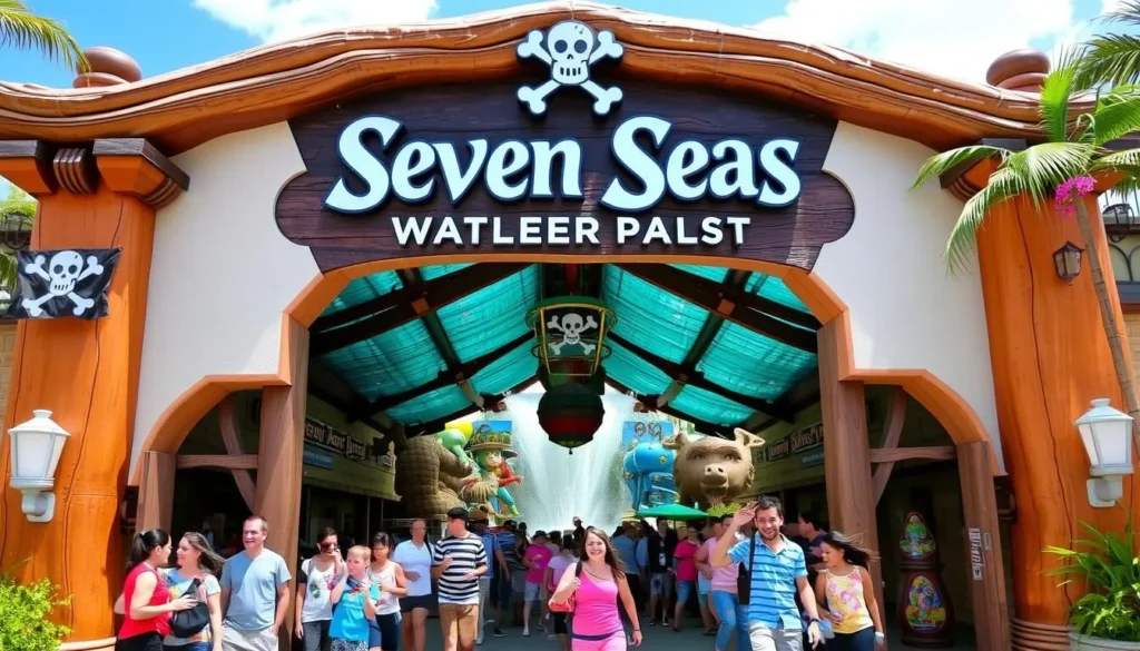 Image of Seven Seas Waterpark & Resort's pirate-themed entrance with visitors enjoying the attractions.