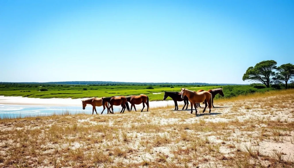 Image of Shackleford Banks wild horses grazing on the island