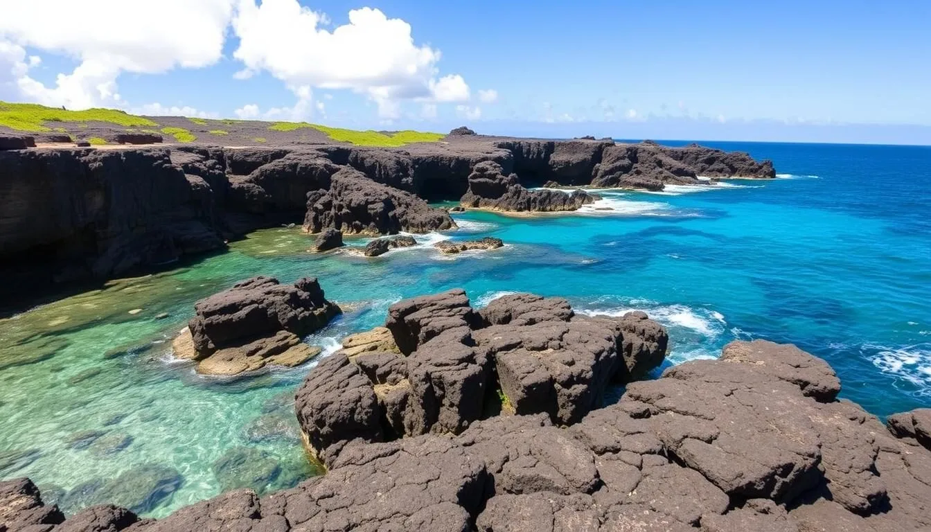 Image of Shark's Cove on Oahu's North Shore, with clear waters and lava rock formations.