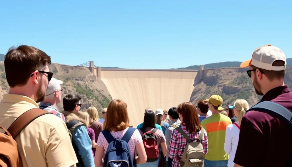 Image of Shasta Dam with a guided tour group