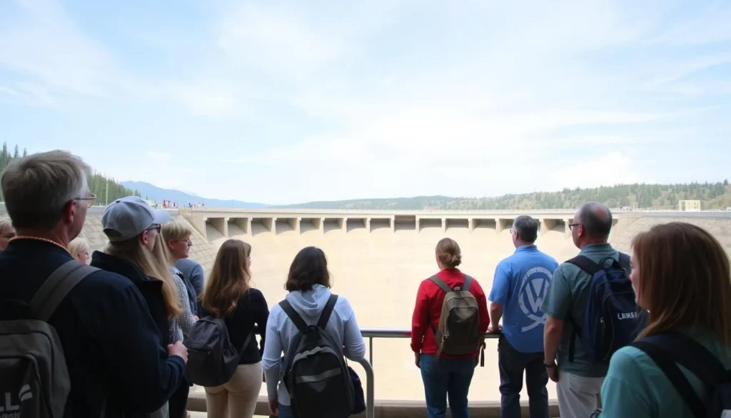Image of Shasta Dam with a tour group inside
