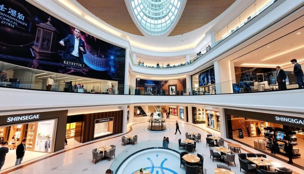 Image of Shinsegae Mall Cheonan's interior with a variety of luxury stores and dining options.