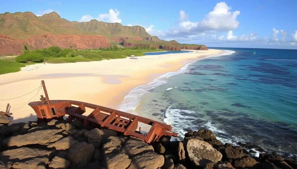 Image of Shipwreck Beach, Lanai, Hawaii, with a clear view of the shoreline and the remains of the WWII-era Navy fuel ship.