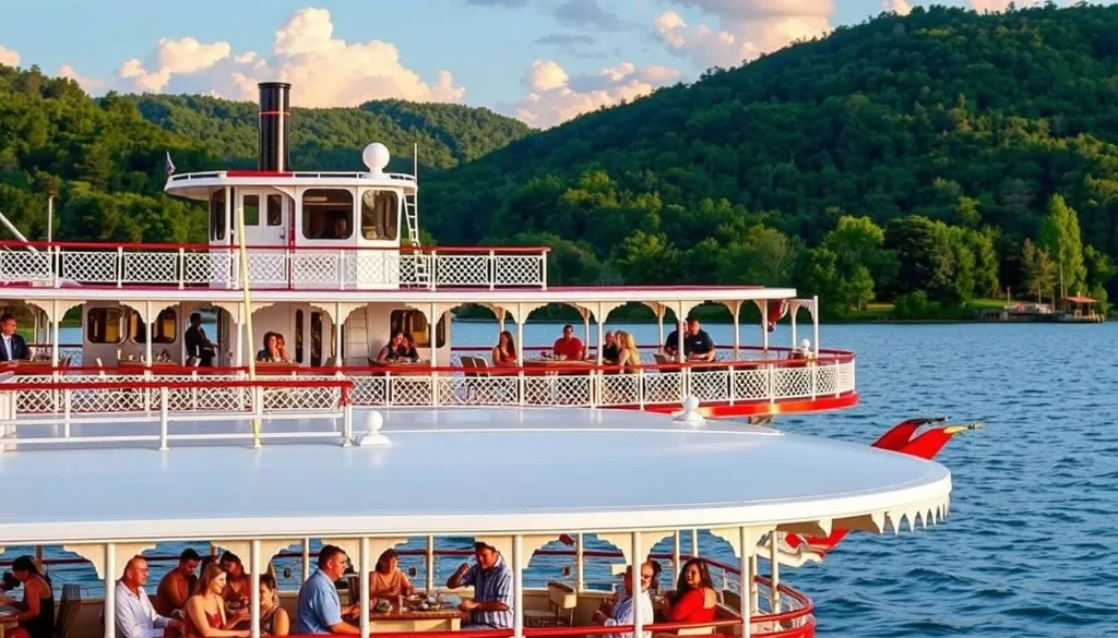 Image of Showboat Branson Belle sailing on Table Rock Lake with passengers enjoying their meal.