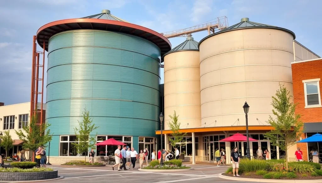 Image of Silo Square in Southaven, Mississippi, showcasing its modern architecture and vibrant community atmosphere
