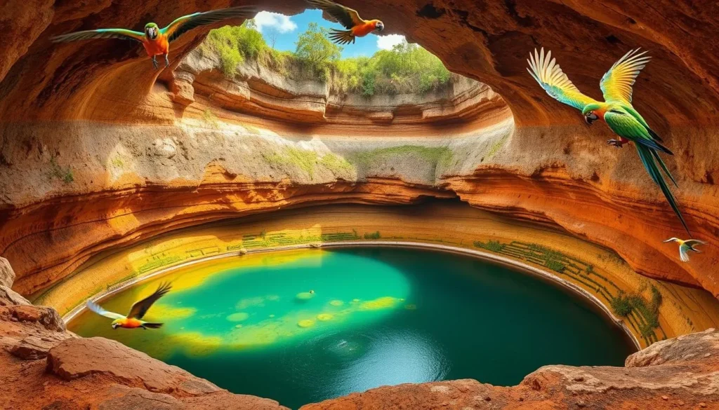 Image of Sima de las Cotorras sinkhole with parrots flying out