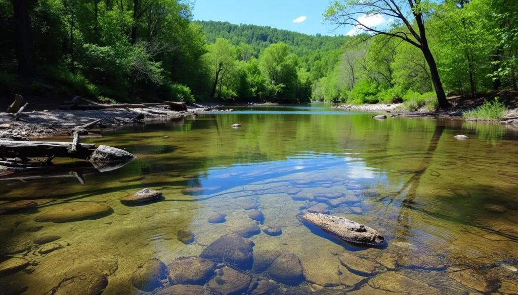 Image of Sinking Creek in Echo Bluff State Park with crystal-clear water and surrounding landscape