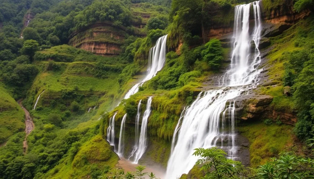 Image of Sinulom Falls with its 28 cascades flowing down a mountainside