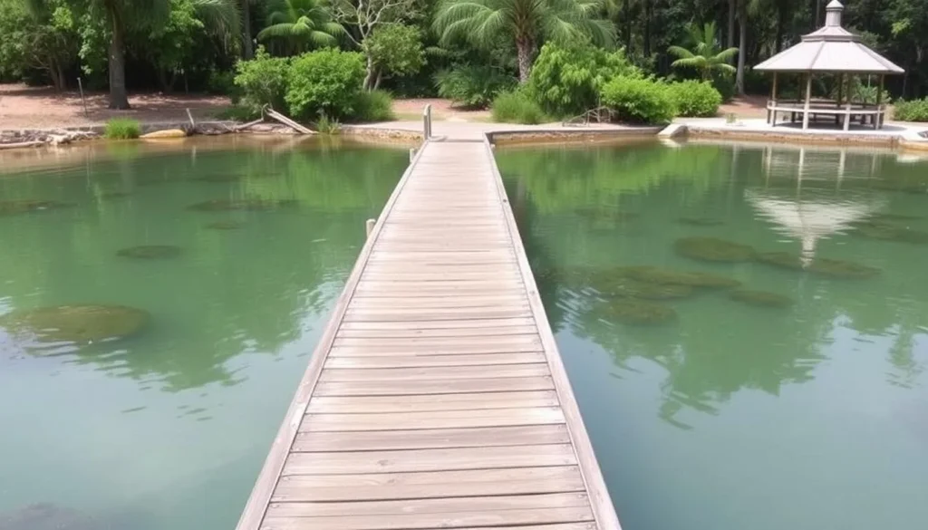 Image of Sirenia Vista Park's manatee viewing area with a boardwalk and calm waters