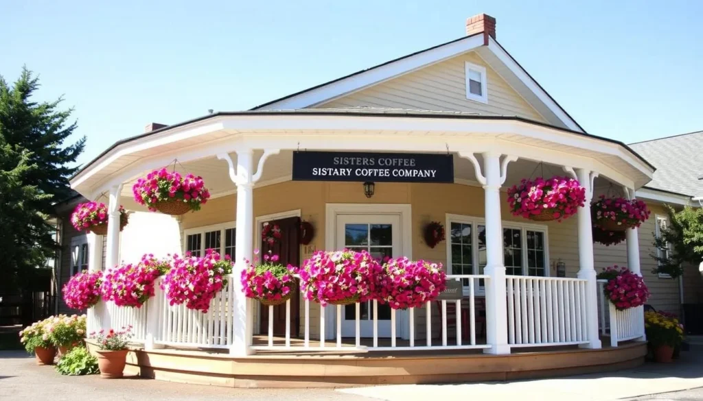 Image of Sisters Coffee Company with a sunny wraparound porch and hanging baskets of flowers
