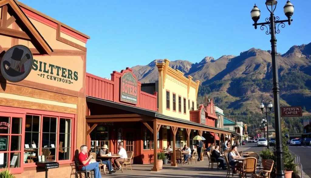 Image of Sisters, Oregon, with a cowboy-themed storefront and people enjoying coffee at an outdoor cafe.
