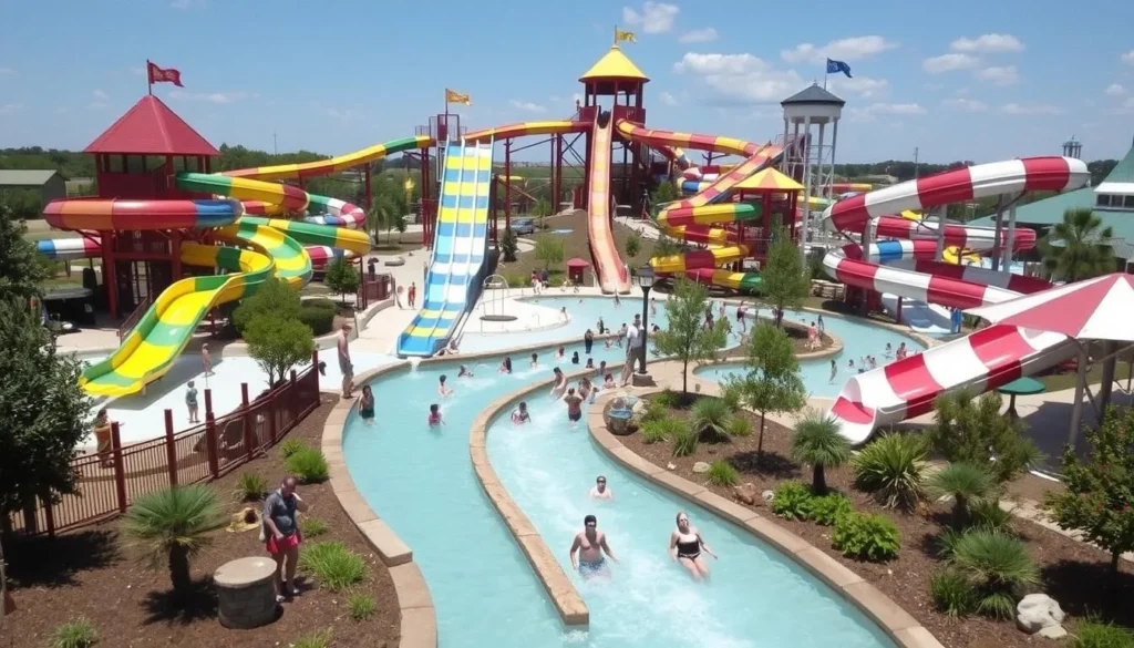 Image of Splash Station Waterpark in Fremont, Nebraska, with water slides and a lazy river.