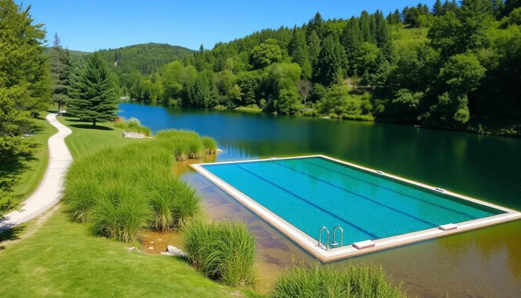 Image of Spring Meadow Lake with a designated swimming area and walking trail