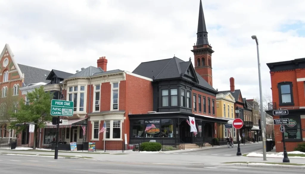 Image of St. Boniface neighborhood with French-Canadian architecture and bilingual signage