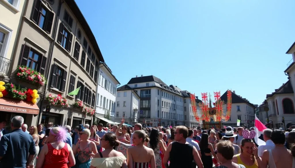 Image of Street Parade in Zurich with crowds dancing