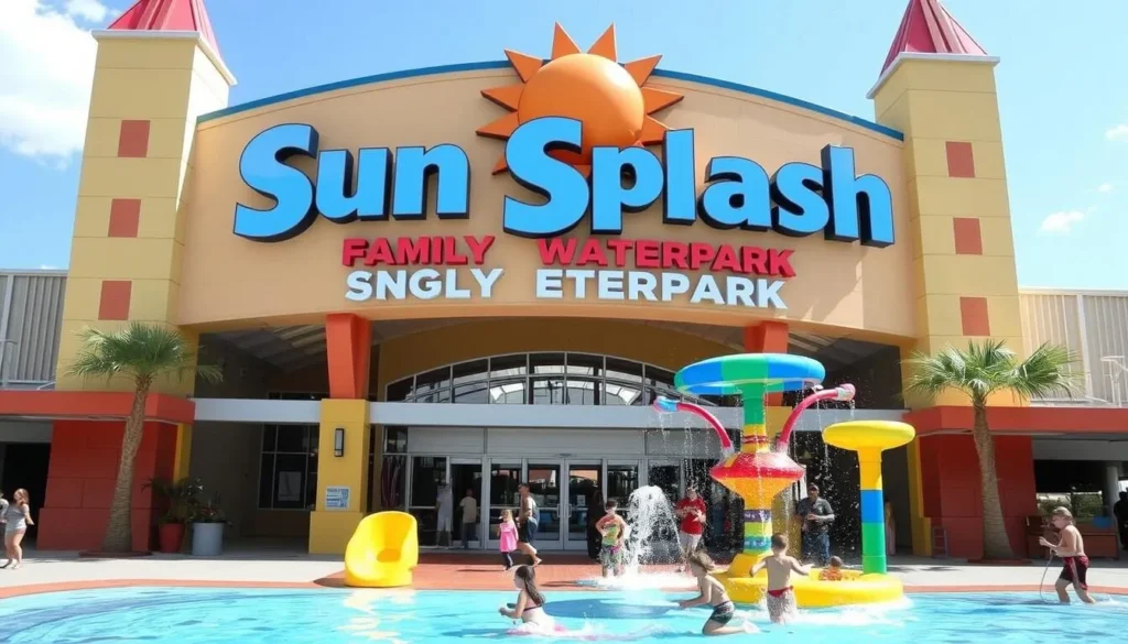Image of Sun Splash Family Waterpark's main entrance or a popular water attraction