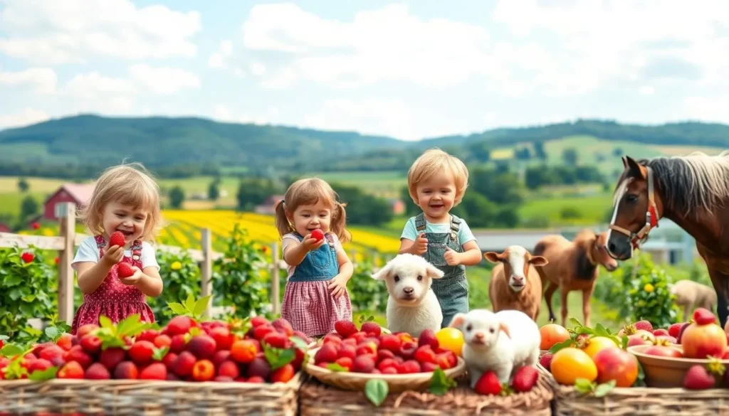 Image of Sweetapple Farm with children picking berries and playing with farm animals