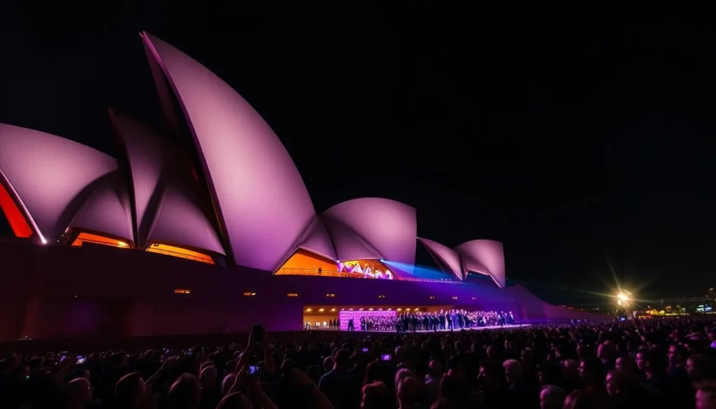 Image of Sydney Opera House at night with a live performance