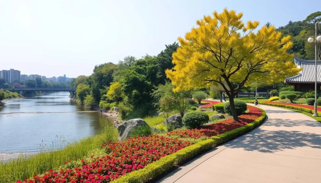 Image of Taehwagang River Grand Park with lush gardens and walking trails along the Taehwa River