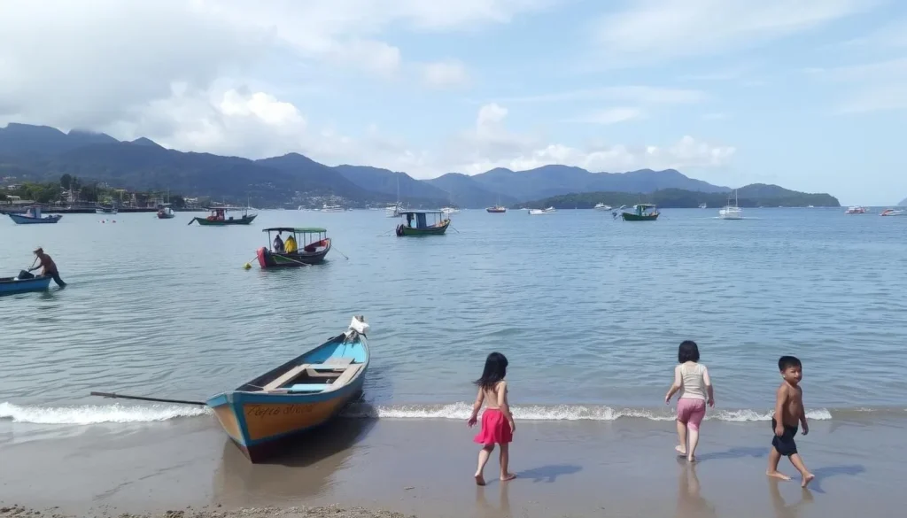 Image of Taiohae bay with local fishermen and children playing