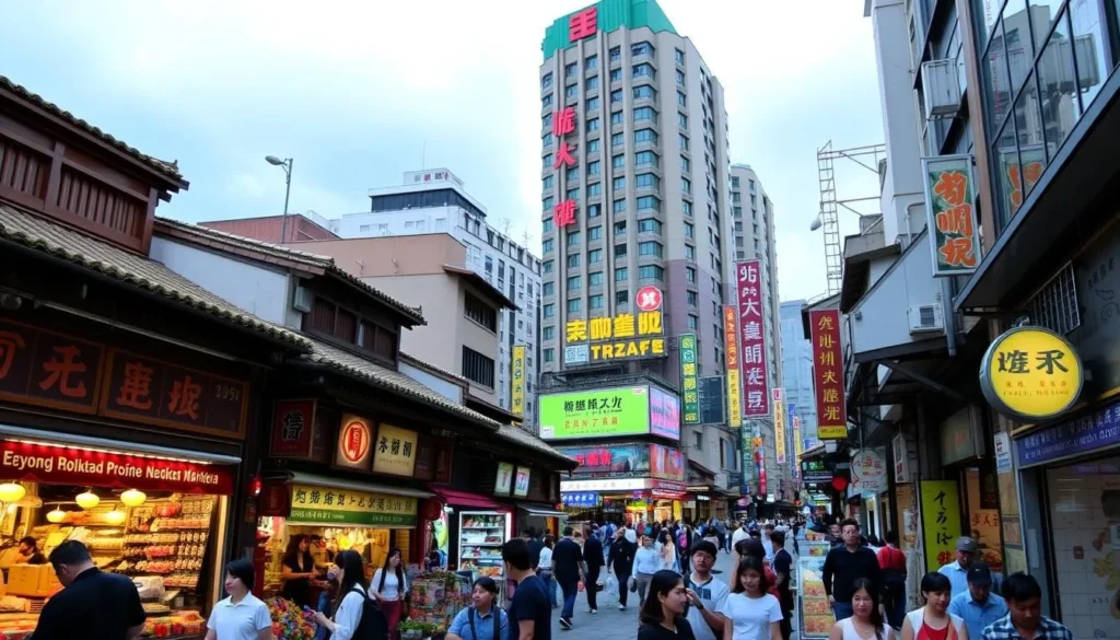 Image of Taipei's shopping district with a mix of traditional and modern shops