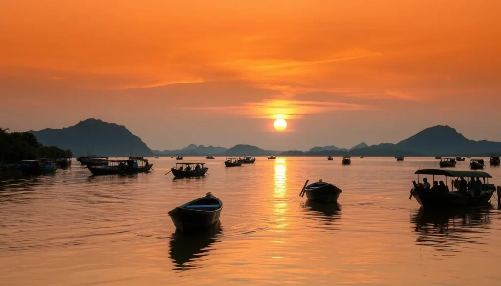 Image of Tam Giang Lagoon with fishing boats and sunset