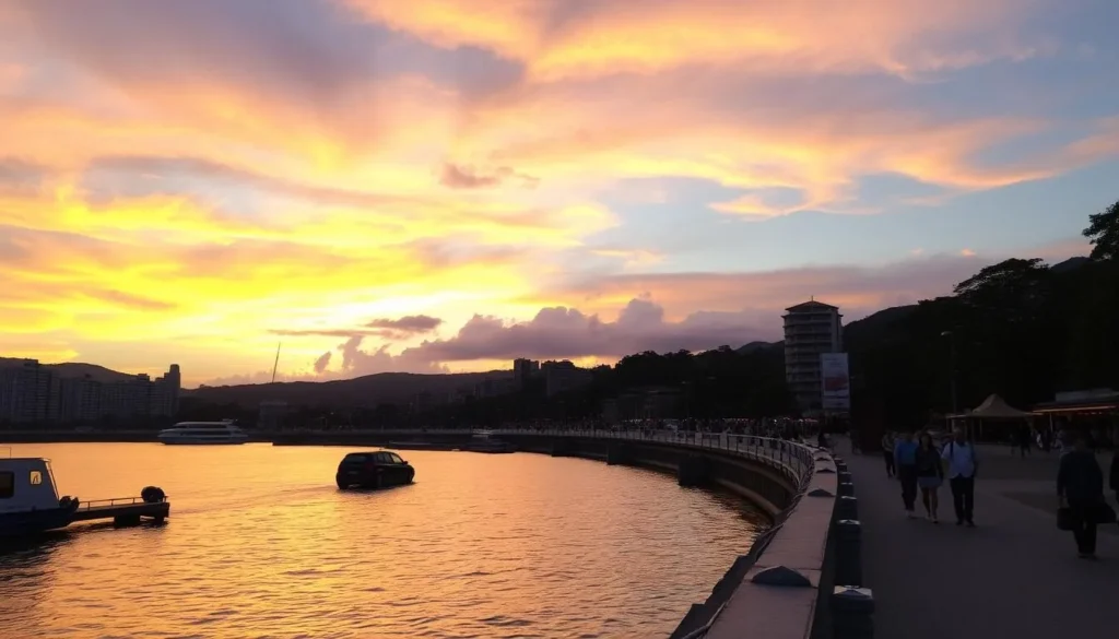 Image of Tamsui District's riverside promenade at sunset