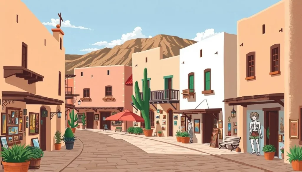 Image of Taos Plaza with adobe buildings and art galleries