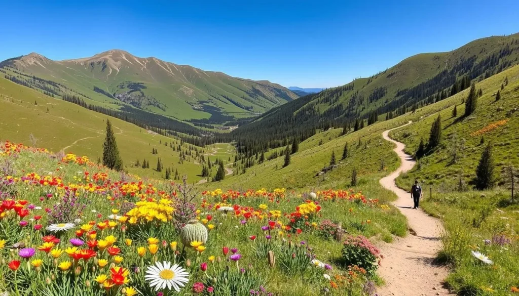 Image of Taos Ski Valley in summer with wildflowers and hiking trails