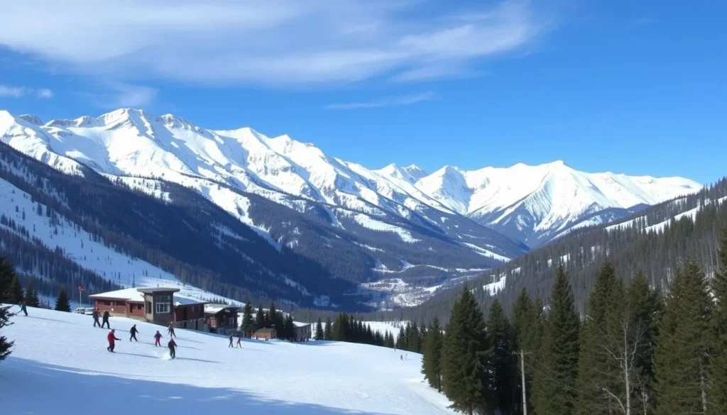 Image of Taos Ski Valley ski resort with snow-capped mountains and skiers on the slopes
