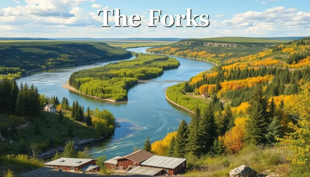 Image of The Forks with the Red and Assiniboine rivers converging