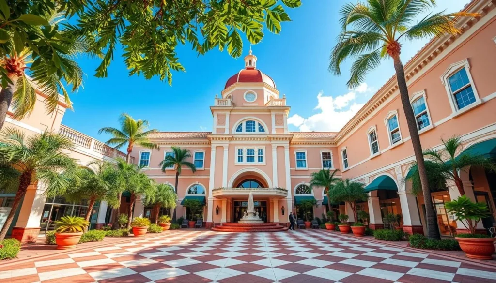Image of The Royal Poinciana Plaza with its distinctive checkerboard tiles and upscale boutiques