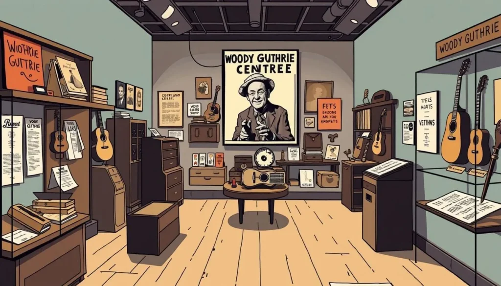 Image of The Woody Guthrie Center exhibit featuring Woody Guthrie's personal items