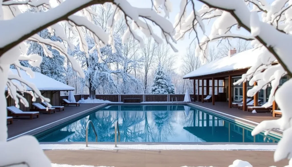 Image of Thermëa by Nordik Spa-Nature's serene outdoor pool area surrounded by snow-covered trees in winter.